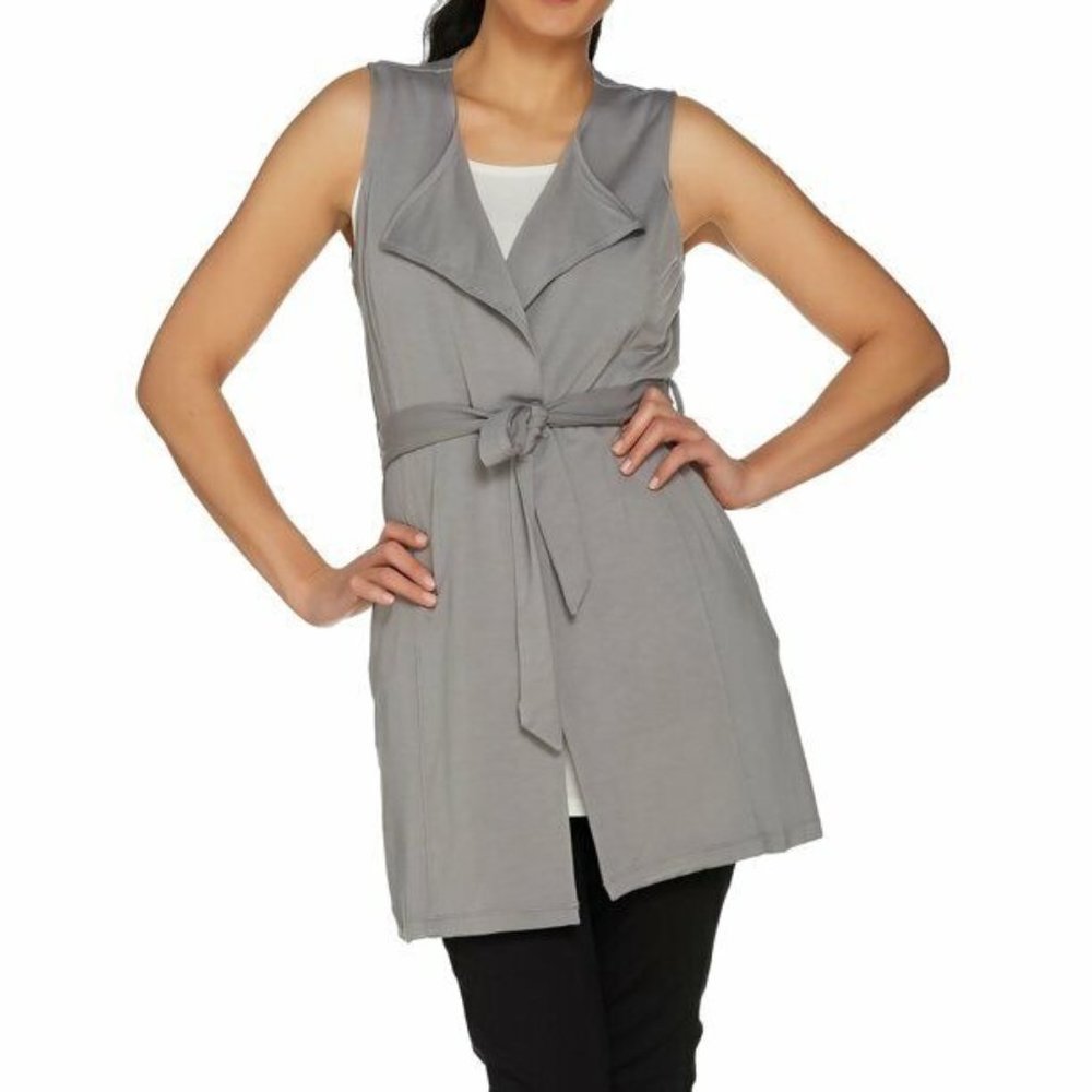 Lisa Rinna Collection French Terry Duster Vest Size XS Belted Frost Grey A288525 - Picture 1 of 11